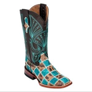 NIB Ferrini Women’s Turquoise Leopard Patchwork Leather Cowboy Boots (size 7)